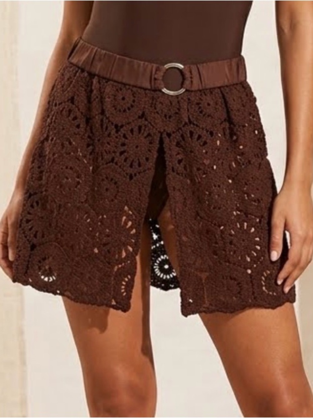 Time and Tru Brown Crochet Lace Skirt with Ring Detail Swim Cover Up Sz-S.  R3